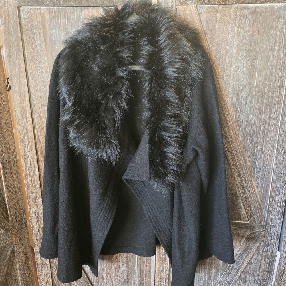 Evan-Picone Sweater‎ Women's Size 3X Black Removeable Fur Collar Open 100% Wool